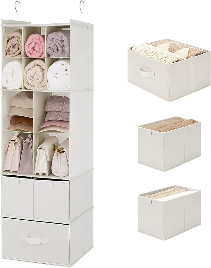 GRANNY SAYS Hanging Closet Organizer, 3 Drawers, 6 Shelves, Beige | Hanging Closet Organizer with 3 Different Drawer Designs, 6 Shelves & Reinforced Structure for Organized Small Spaces by GRANNYSAYS