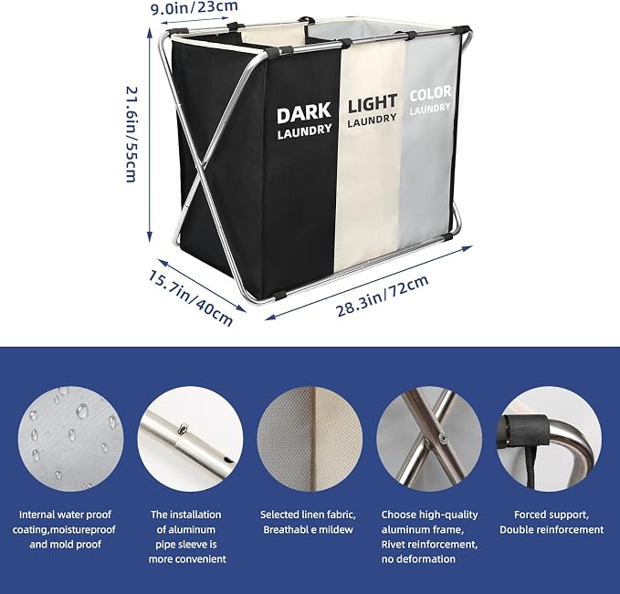 Laundry Cloth Hamper Sorter Basket Bin Foldable 3 Sections with stainless steel Frame Washing Storage Dirty Clothes Bag for Bathroom Bedroom Home Storage Basket(3 Liner, White+grey+black) - Image 2