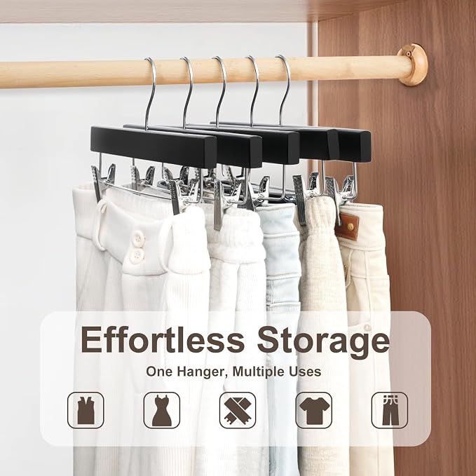 BAGAIL 20 Pack Wooden Pants Hangers with Adjustable Clips, 360°Swivel Hook Space Saving Skirt Holders with Anti-Rust Clips for Trousers, Jeans, Shorts (Black) - Image 5