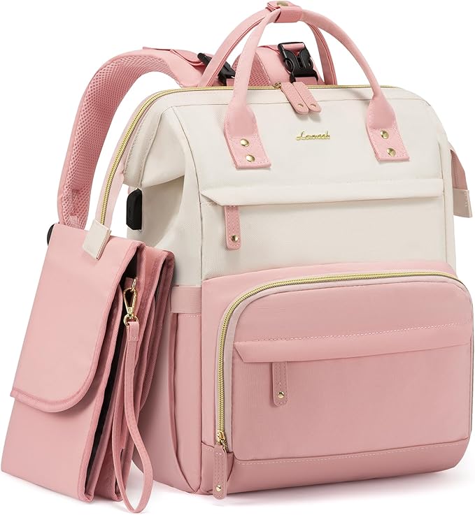LOVEVOOK Diaper Bag Backpack, Baby Bag with Changing Station, Large Diaper Backpack for Moms Dads, Waterproof Leather Accents Baby Boy and Girl Bag for Travel Baby Essentials, Pink-Beige by LOVEVOOK