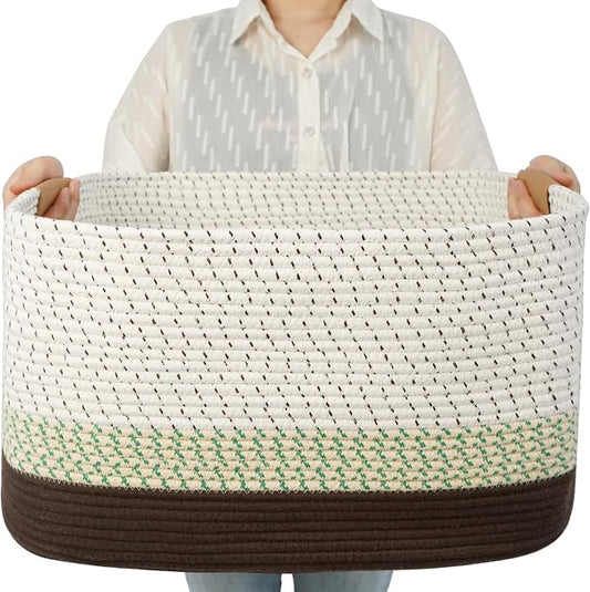 108L Large Basket for Living Room, Nursery & Laundry, Kids Toy Basket Storage with Leather Handle, 25’’*16’’*16’’ White & Mottled Green by danpinera