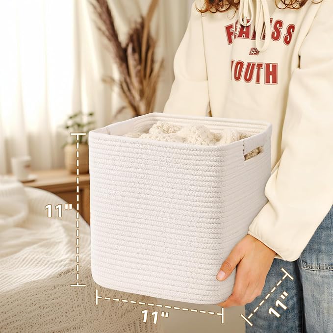 11 Inch Storage Cubes, 3 Pack Cube Storage Bins for Organizing, Cotton Rope Woven Baskets for Shelves, Bathroom, Kids Room, Closets, Baby Nursery - Image 6
