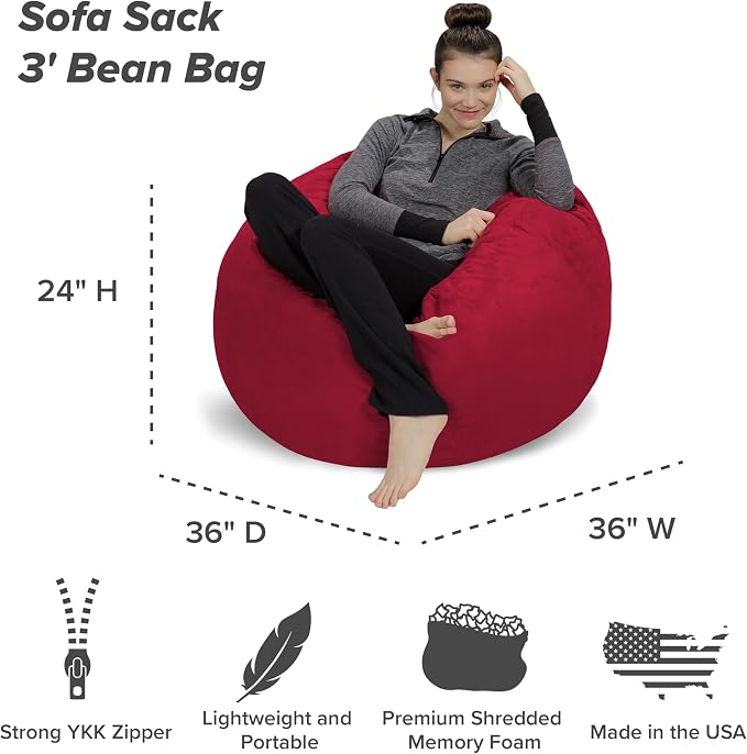Sofa Sack Bean Bag Chair - Plush, Ultra Soft - Memory Foam Bean Bag Chair with Microsuede Cover - Stuffed Foam Filled Furniture and Accessories for Dorm Room 3 Feet - Cinnabar - Image 3