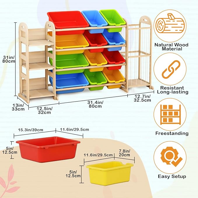 Kids Toy Storage Organizer, Toy Organizers and Storage with Stuffed Animal Storage, Toy Storage Shelf with 3 Shelves, 12 Storage Bins, Kids Bookshelf, Toy Holder for Playrooms, Bedrooms, Multi Color - Image 2