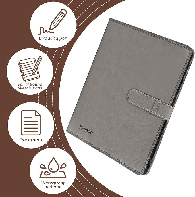 Plinyvel Gray Leather Sketchbook Cover 5.5x8.5, Travel Drawing Portfolio | Portable sketch kit organizer, pencil holder, Fits 5.5x8.5 Sketch Book, Spiral Pad, Compact artist storage case - Image 6