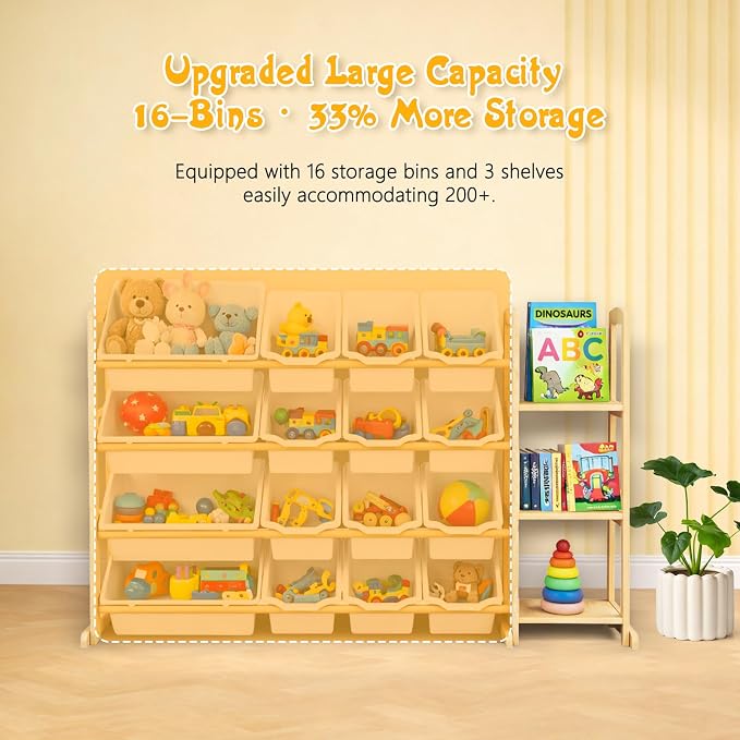 Kids Toy Storage Organizer with Bookshelf – Wooden Shelf with 16 Bins & 3 Shelves, Quick Assembly Storage Rack for Playroom, Bedroom, Nursery - White - Image 5