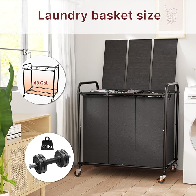 180L Laundry Sorter 3 Section with Lockable Wheels and Lid Black | 3 Large Separate Removable Bags | Heavy Duty Rolling Laundry Basket | Laundry Hamper Cart for Laundry Room Organizer - Image 2