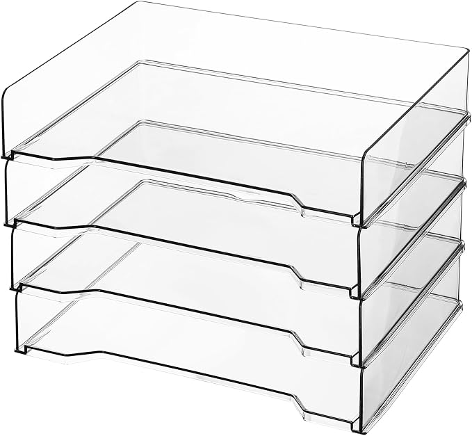 DoubleFill 4 Pcs Stackable Letter Tray Plastic Paper Tray, Clear | 13 x 9.5 x 2.6 In, Rectangular, Paper Holder, File Tray for Desktop Office Desk Drawers by DoubleFill