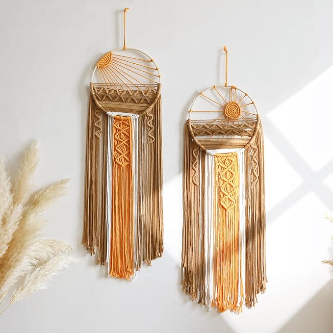 Artilady 2 Pack Macrame Hanging Tapestry Sun Wall Decor, Boho Dream Catcher | Large Tapestry, Handmade Woven, Farmhouse Rustic, Brown Sun Wall Art Set, Bedroom Living Room Entryway Home Decor by Artilady