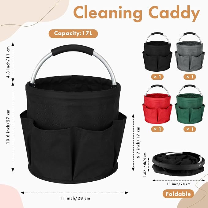 LemonRoad 4 Pack Cleaning Caddy with Handle 17L Foldable Cleaning Supplies Organizer Oxford Cloth Storage Basket with 6 Pockets Portable Multi Bucket Bag for Home Garden(Black,Dark Gray,Red,Green) - Image 2