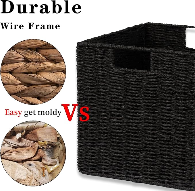 Storage Basket, Set of 2 Hand-Woven Storage Baskets for Organizing with Handles, Foldable Cube Storage Baskets Bins Organizer, 13 inch Large Wicker Baskets for Shelves & Decor, Black - Image 2