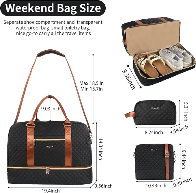 3PCS Weekender Bags for Women Large Overnight Bag, Black | Weekender Travel Duffel Bags Carry on Shoulder with Shoe Compartment Toiletry Bag Satchel Bag for Travelling Business Gym - Image 3