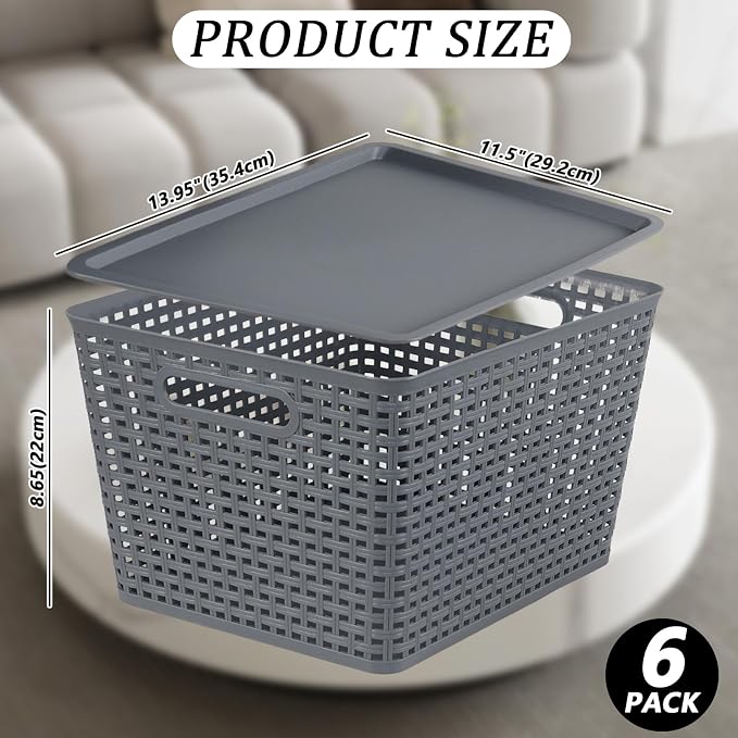 6 Pack Plastic Storage Bins with Lids, Stackable Storage Baskets with Handles, Large Organizer Bins for Desk, Shelves, Office, Plastic Container Bins for Pantry Organizers and Storage, Grey - Image 2