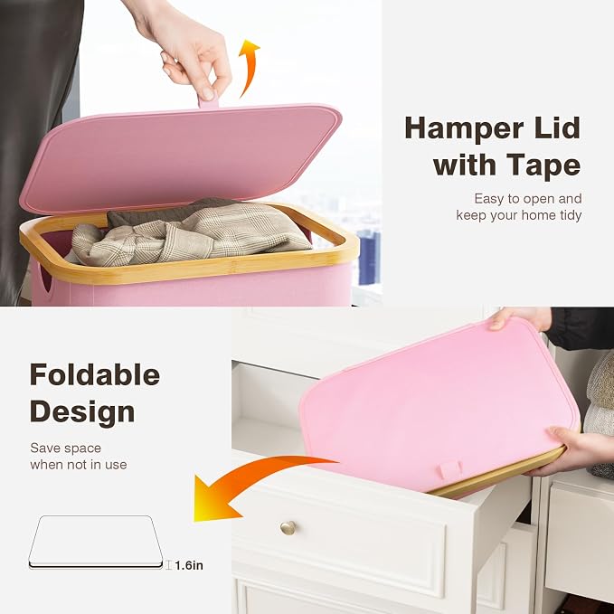 Laundry Hamper with Lid, Laundry Basket with Removable Bag, Pink | 100L Large Dirty Clothes Hamper with Handle, Freestanding Bamboo Laundry Hamper for Bedroom, Bathroom, Laundry Room - Image 4