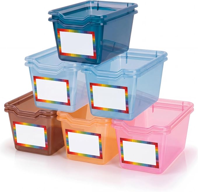 Funrous 12 Pack Plastic Cubby Bins for Classroom, Stackable Storage Bins with Rainbow Labels and Handles Cubby Organizer Containers for Teacher Supplies Home Office Daycare and Playroom (Blue) by Funrous