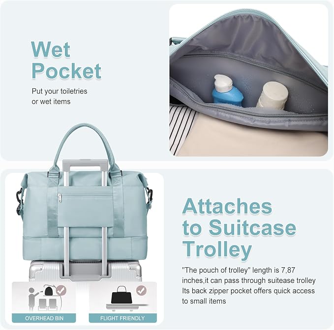 Large Weekender Bags for Women, Travel Duffel Bags with Shoe Compartment,Personal Item Travel Carry on Overnight bag for women Travel Set,Light Blue - Image 6