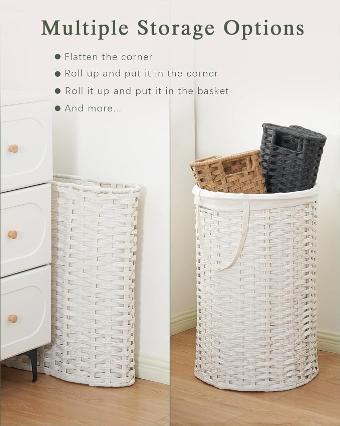 SETVSON Large Laundry Hamper Laundry Basket Round 34.3 Gal PE, White | Decorative PE Rattan Furniture Look for Bedroom, Jumbo Open-Top Laundry Hamper, Removable Bag, 2 Mesh Bags, Handles - Image 5