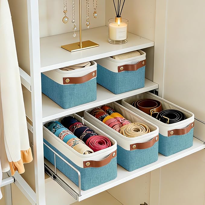 Small Fabric Storage Baskets, 15x6x5 inch Narrow Storage Bins 4-Pack Long Storage Basket for Organizing with Handles, Decorative Basket for Closets, Shelves, Toilet Paper, Teal - Image 5