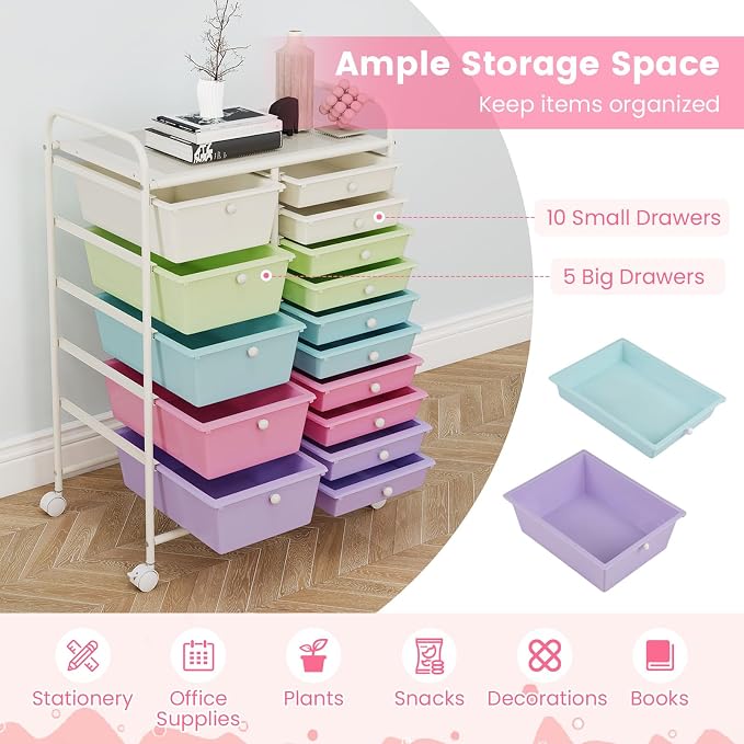 15 Drawer Rolling Storage Cart, Rolling Cart with Drawers for Classroom, Art Supply Craft Organizer on Wheel with Metal Frame & Handles for Home Office School (Ice cream color, 15 Drawer) - Image 4