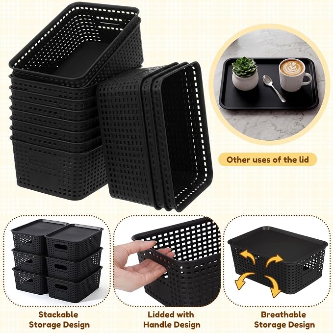 12 Pack Plastic Storage Baskets with Lids Stackable Organizing Bins Storage Baskets Organizers and Containers for Closet, Pantry, Office, 10.2 x 7.2 x 4.1 Inches(Black) - Image 5