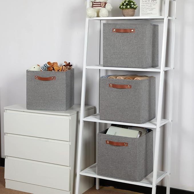 Temary 12x12 Storage Cube Bins 4 Pack Fabric Storage Cubes Storage Bins with Leather Handles, Storage Baskets Foldable Cube Organizers Bins for Home (Grey) - Image 5