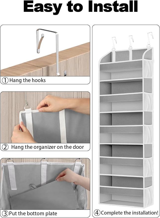 TAHAVICE 1 Pack Over The Door Storage Organizer with 5 Large Pockets | 44 lbs Weight Capacity Door Hanging Organizers with 10 Mesh Pockets for Bedroom,Bathroom,Nursery,Kidroom(Light Gray) - Image 7
