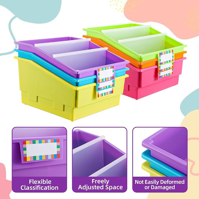 Lineshading 6 Pack Picture Book Organizer Bins with Dividers Large Plastic Book Holders with Labels Multi Purpose Classroom Organization Bins Storage Container (Neon Color,13.5 " X 13.5 " X 7.75") - Image 3