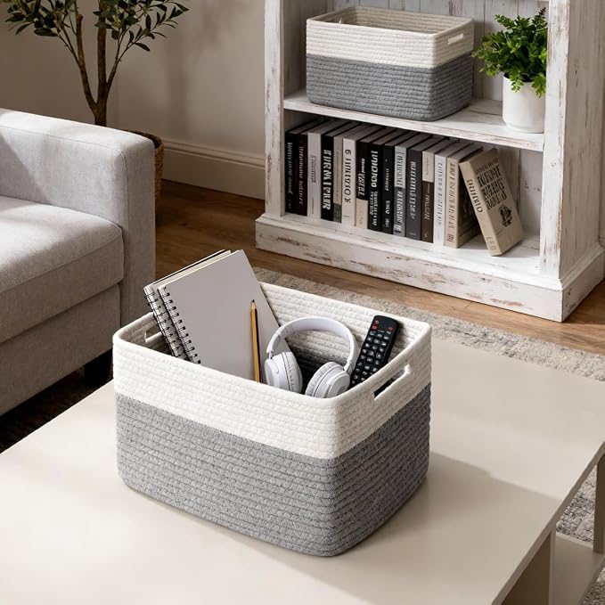 5 Pack Woven Storage Baskets, Decorative Storage Bins for Organizing | 13.8'' × 9.8'' × 7.9'', Cotton Rope Basket Organizer for Closet, Shelves, bathroom, Nursery, Toys, Books, Pantry, Gray/White - Image 7