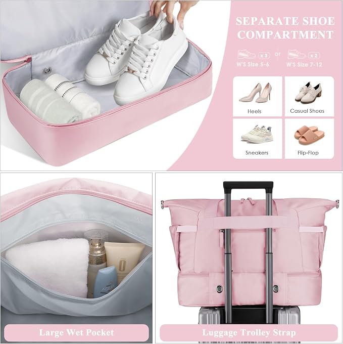 Gym Bag for Women, 45L Carry On Travel Duffel Bag with Shoes Compartment | Weekender Overnight Duffel Bag with Wet Pocket, Hospital Bag for Women Labor Delivery, Carry On Bag for Travel, Gym, Weekend - Image 5