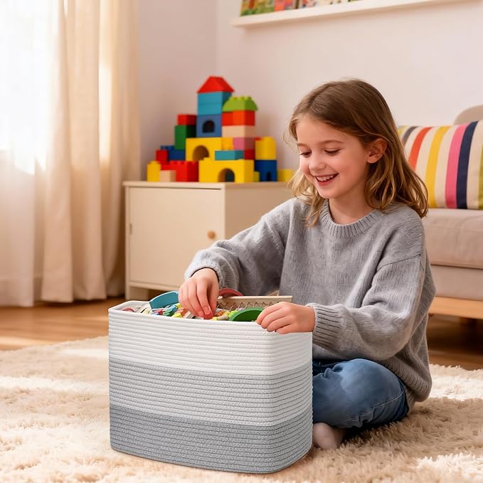 3 Pack Cube Storage Bin, 17”x12”x12” Cotton Rope Woven Baskets for Organizing Toys Clothes Towels, Square Gift Storage Baskets for Shelves, Nursery, Closet, Bathroom, Pantry (Gradient Grey) - Image 5