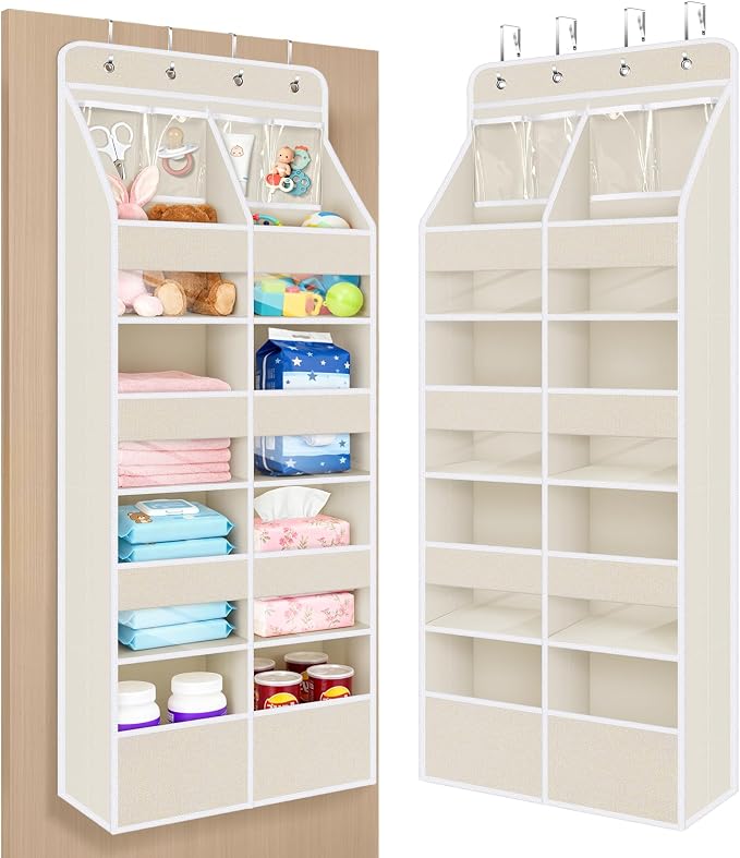 Univivi Upgraded Over Door Organizer for Baby Stuff, Beige Pattern, 5-Shelf | Fabric Behind Door Storage with Clear Window Deep Pockets, Over Door Hanging Organizer for Baby Essential, Bedroom, and Dorm by Univivi