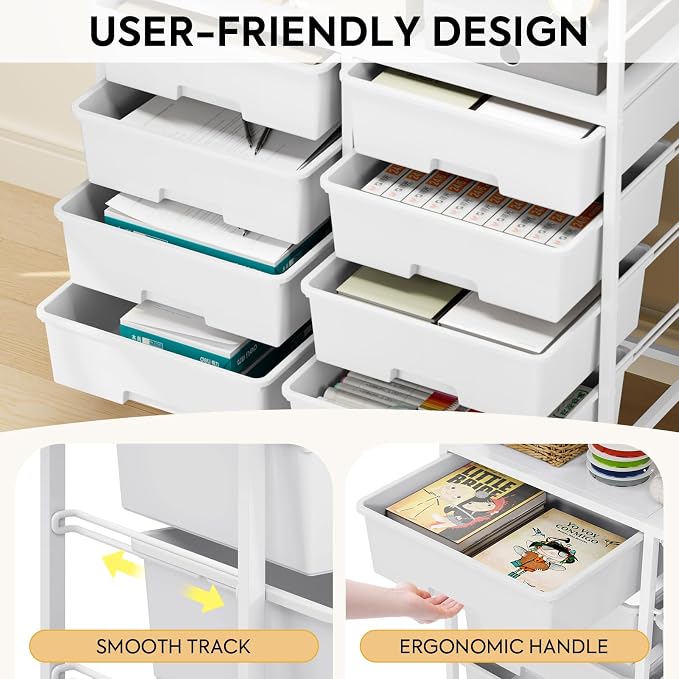 Rolling Storage Cart with 8 Large Drawers, Wooden Tabletop | Open Storage Shelves, Mobile Craft Organizer with Lockable Wheels for Home, Classroom, Office Supplies & Art Studio,White - Image 4