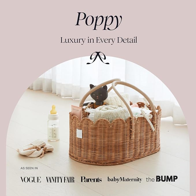 BEBE BASK Premium Baby Diaper Caddy Organizer - Scalloped Rattan Basket | Handmade & Award-Winning, Elegant Scalloped Edge, Newborn Essentials, Nursery Basket, Removable Divider, Baby Shower (Mocca) - Image 2