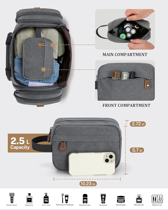 Gonex Canvas Duffle Bag, Expandable 60L Travel Overnight Weekender Bag | for Men, with Toiletry Bag, Multiple Pockets, Carry-On Size, Durable Zippers, Detachable Strap, Gray - Image 4
