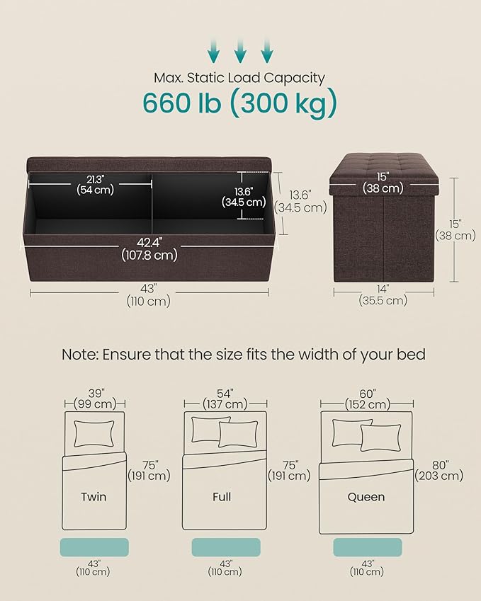 SONGMICS MAZIE Collection - 43 Inches Folding Storage Ottoman Bench, Ottoman Foot Rest, End of Bed Bench, Storage Chest, Load 660 lb, for Living Room, Bedroom, Entryway, Brown ULSF77BR - Image 3