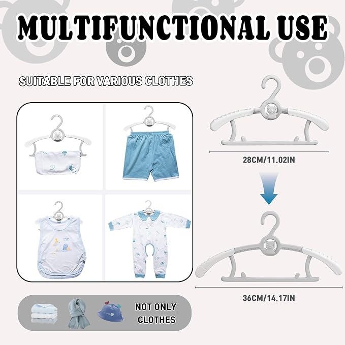 Baby Clothes Hangers 50 Pack, Plastic Kids Hangers Space Saving for Closet | Grey Hanger for Toddler Girl and Boy - Lightweight Anti-Slip Cascading Padded Extendable Adjustable Pant Bear Children Hangar - Image 3