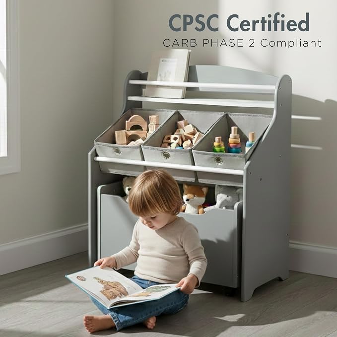 Humble Crew 3 in 1 Kids Bookshelf, Toy Organizer and Rolling Toy Box, Wood | Toddler storage with removable fabric bins and pull out chest on caster wheels, sturdy design for playroom, bedroom, nursery - Image 5