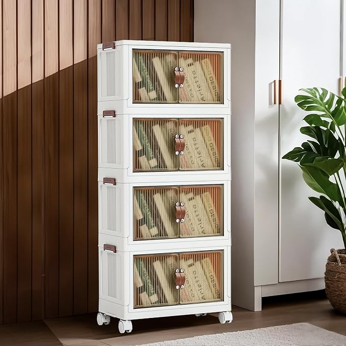 5 Tier Plastic Stackable Storage Bins and Boxes Organizer, Foldable Containers, Stackable Closet Organizers, Collapsible Boxes, White (5 Tier, 25.8″) - Image 6