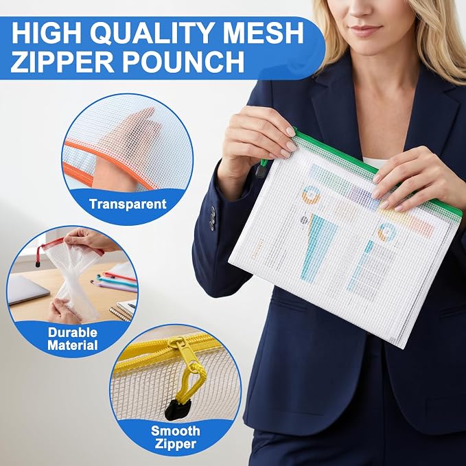 Jumlys 120 Pack Mesh Zipper Pouch Bags, A4 Mesh Bags, 8 Colors, Waterproof | Clear Storage Bags for Organizing, Ideal for Office & School Supplies, Toys, Puzzles and Board Games - Image 4