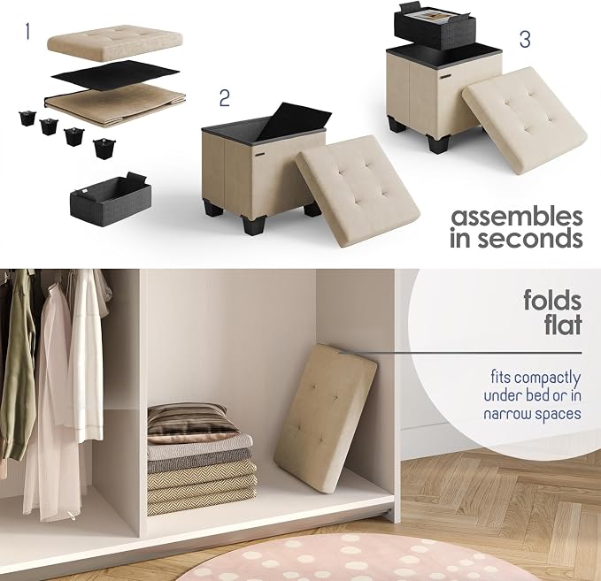 Storage Ottoman Cube with Small Bin, 15-in Square Ottoman with Storage for Living Room and Bedroom, Small Ottomans Foot Rest, Velvet Foot Stools Ottomans Max 330lbs, Beige - Image 8