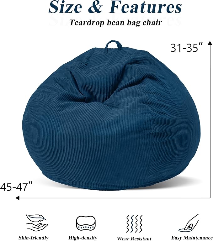 4FT Bean Bag Chair for Adults,Large Teardrop Beanbag with Filler | Beanbag Chair with Memory Foam Filled,Bean Bags with Handy Handle&Machine Washable Cover for Living Room,Bedroom-Dark Blue - Image 2