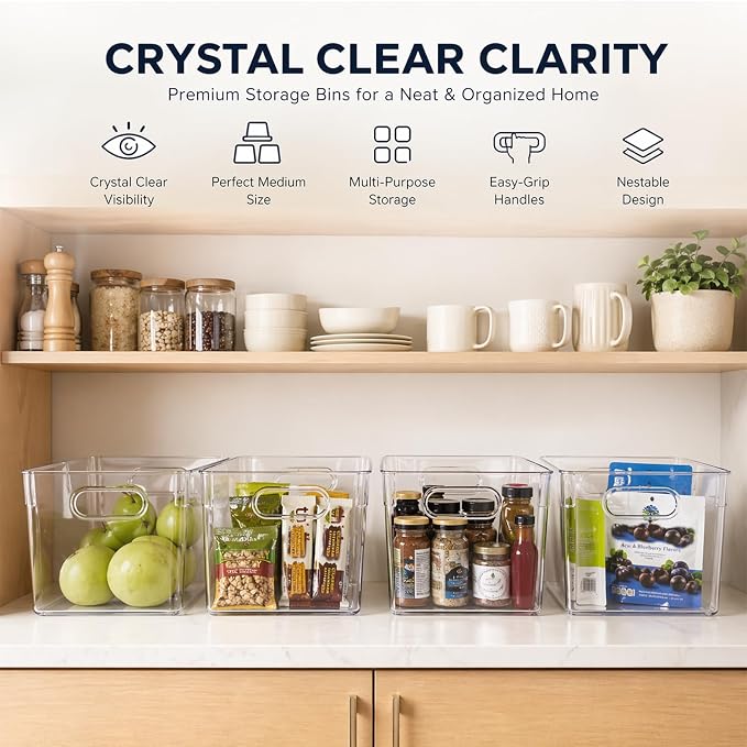 MOONEDGE 4 Pack Clear Plastic Storage Bins 11x8x6in Storage Containers | Drawer Organizer with Handles, Clear Bins for Organizing, Pantry, Kitchen, Fridge, Bath, Cabinet, Closet Shelf, Under-Sink - Image 6