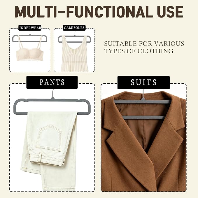 Velvet Pants Hangers with Non Slip Bar, 20 Pack Felt Slack/Trouser Hangers for Closet, Slim Space Saving Closet Perchas Terciopelo 360° Swivel Hook for Tank Top, Bra, Shorts, Jeans, Towel (Grey) - Image 3