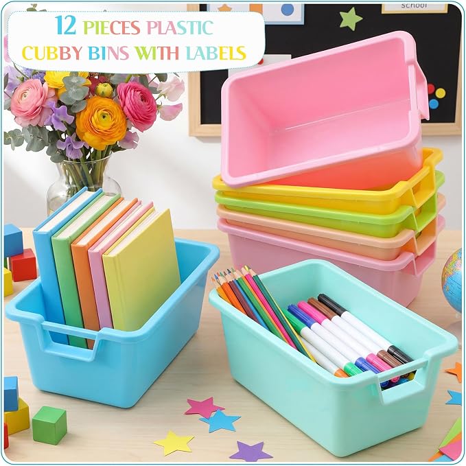 Thyle 12 Pieces Plastic Cubby Bins with Labels 11.6 x 7.7 x 5 Inch Classroom Book Bins Stacking Storage Container Organizer Storage Cubbies for Classroom Office (Handle,Light Color) - Image 4