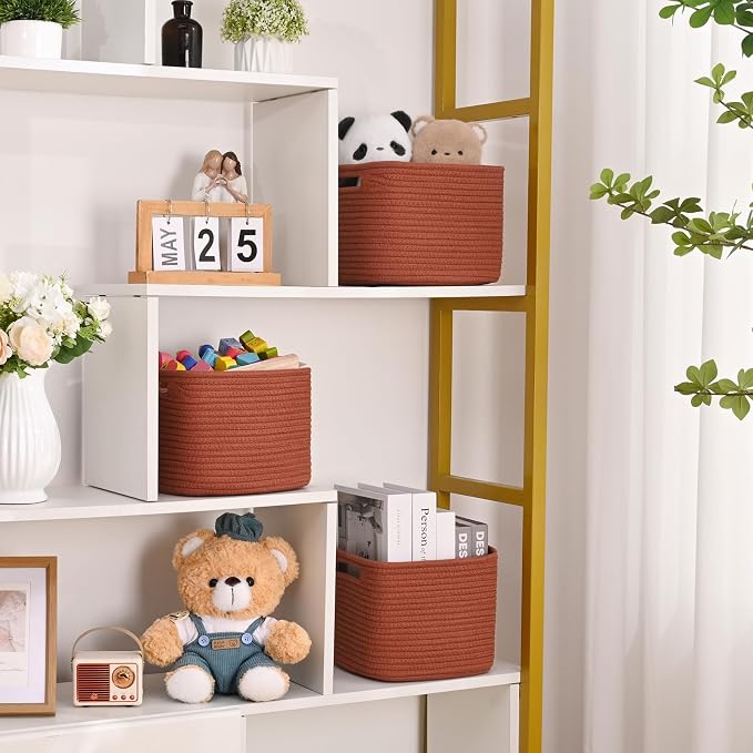 3 Pack Cube Storage Bin, 9”x9”x7” Cotton Rope Woven Baskets for Organizing Toys Clothes Towels, Square Gift Storage Baskets for Shelves, Nursery, Closet, Bathroom, Pantry (Red) - Image 3