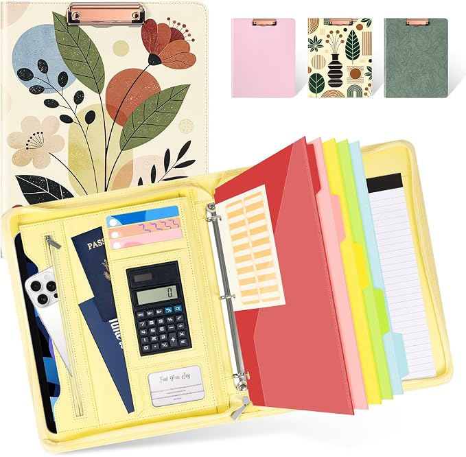 Ospelelf Vintage Leather Portfolio Binder 3 Ring, Zippered Clipboard Folder with Storage - 5 Dividers with Pocket, Padfolio for Women,12.1” Tablet Sleeve, Refillable Notepad, Card Slot by OspelelfOfficeSupplies