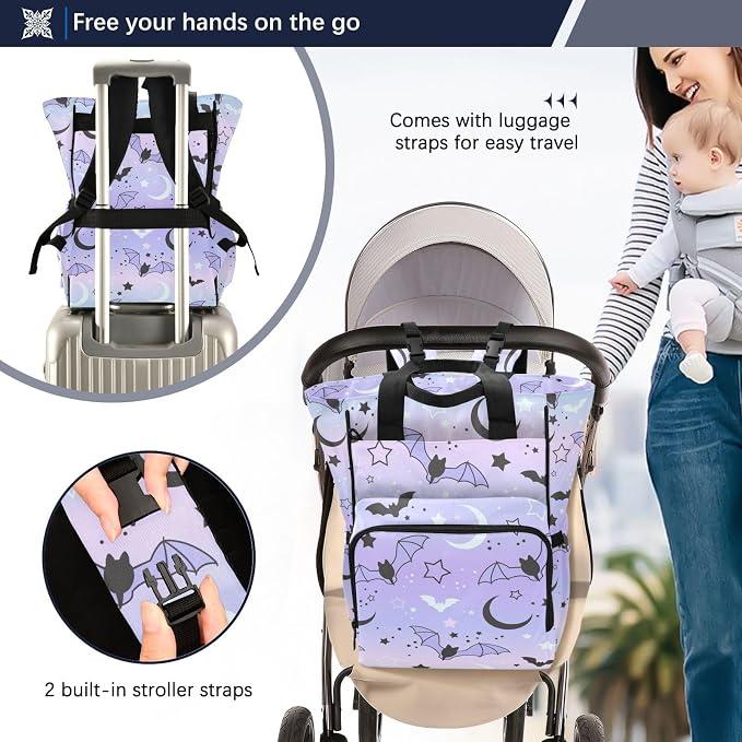 Halloween Diaper Bag Backpack Cute Bats Starry Sky Travel Diaper Bags for Women, 10L Functional Baby Changing Bag with Insulted Pockets, Stroller Straps - Image 4