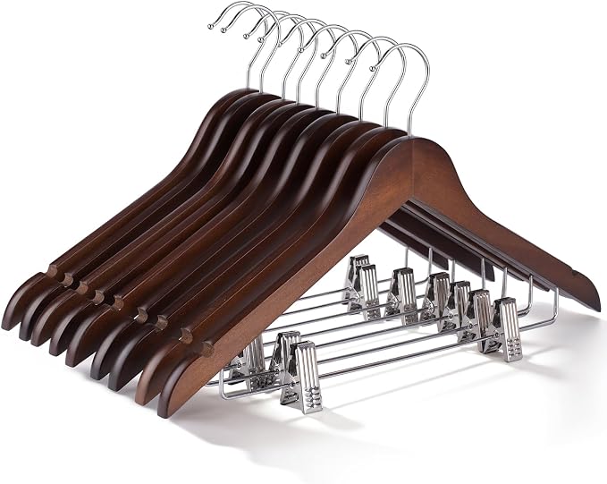 Wooden Hangers with Clips 12 PCS Pant Hangers with Clips,Smooth Solid Wooden Pants Hangers,360 Swivel Hooks & Adjustable Clips,for Jeans,Skirt,Suit,Shorts,Scarf.（Walnut） by Uinicor