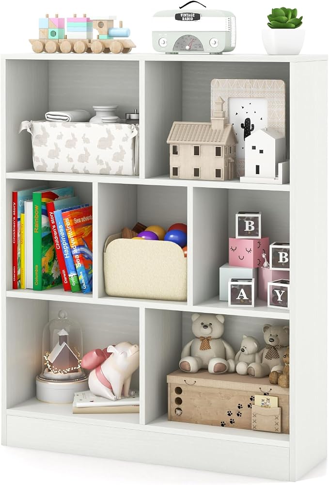HONEY JOY Kids Toy Storage Organizer, 7-Section Wooden Floor Storage Cabinet, 41” Daycare Toy Chest, 3-Tier Kids Display Bookshelf for Classroom, Playroom & Nursery, Kindergarten (White) by HONEYJOY