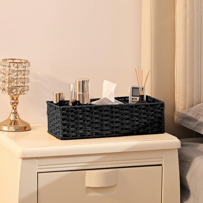 3 Section Wicker Storage Basket, Hand-Woven Paper Rope Wicker Baskets for Organizing, Toilet Tank Basket, Black Baskets for Bathroom, 2-Pack, Black - Image 7